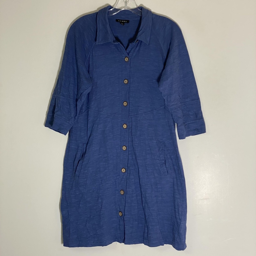 Tribal Shirt Dress Womens Petite Small Blue Casual Coastal Beach Lagenlook Boho